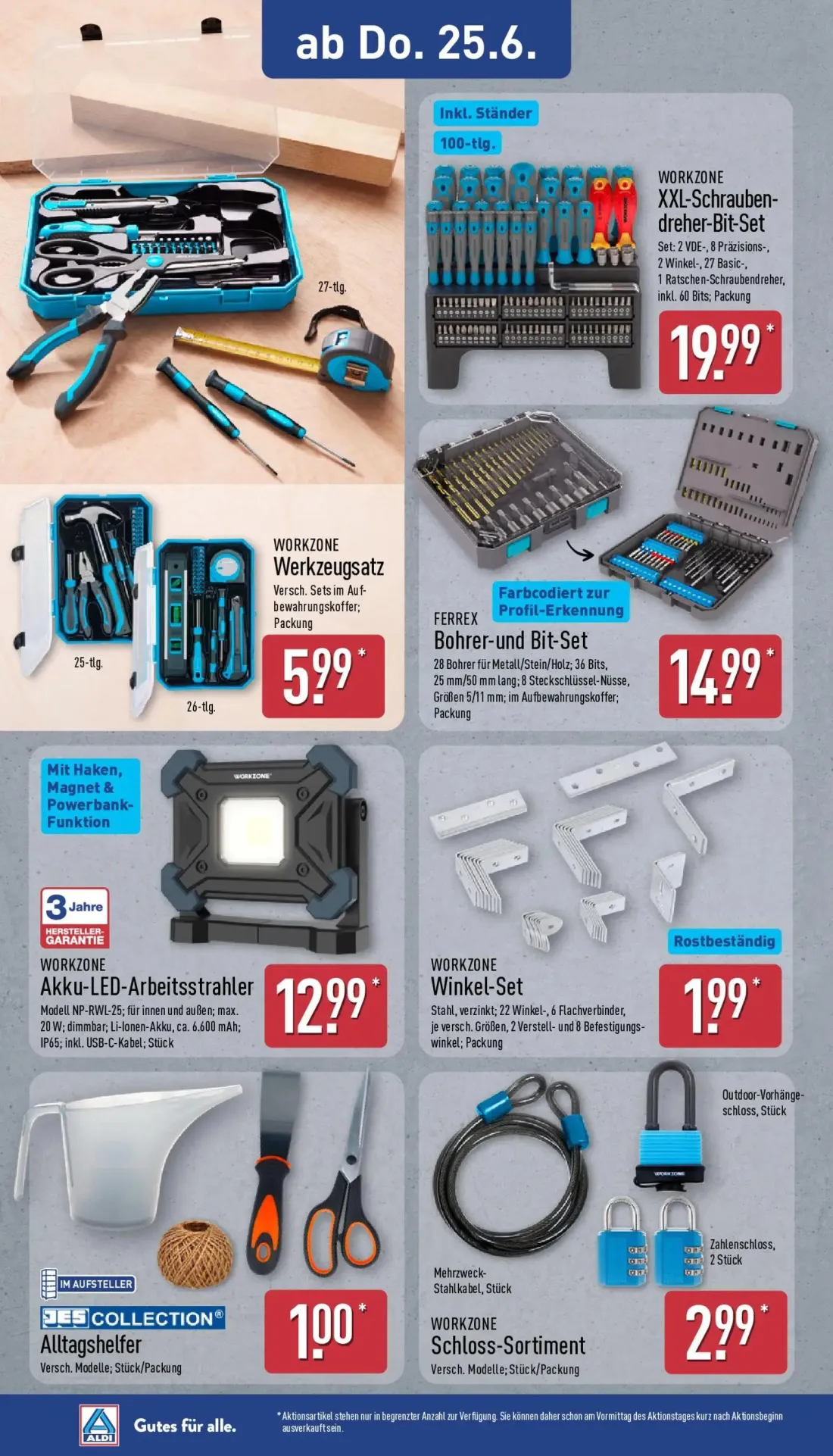 Aldi Nord Prospekt, Seite 24 von 41 — Werkzeugsatz, XXL-Schrauben- dreher-Bit-Set, Akku-LED-Arbeitsstrahler