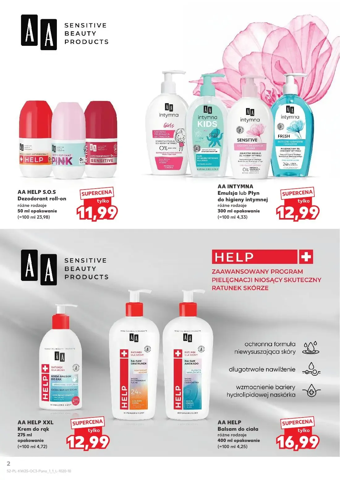 Kaufland gazetka, strona 2 z 20 — AA HELP S.O.S Dezodorant roll-on, AA INTYMNA Emulsja lub Płyn do higieny intymnej, AA HELP…