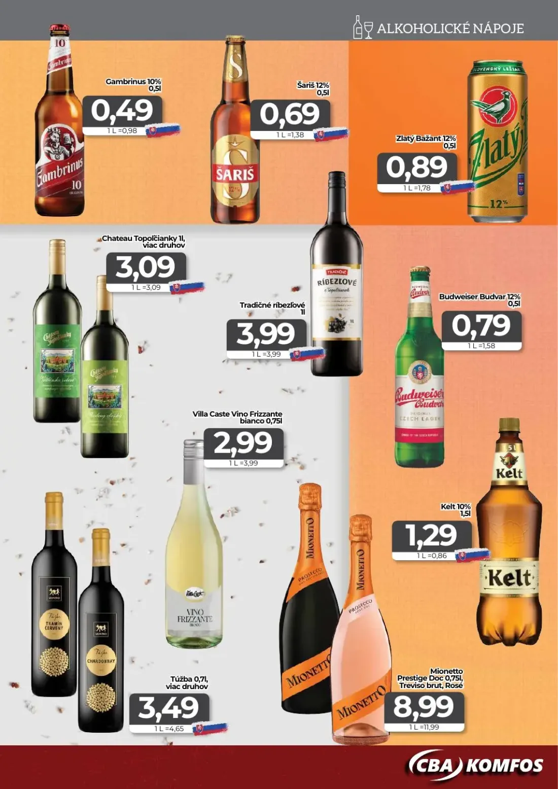 Cba Komfos leták, strana 13 z 16 — Gambrinus 10%, Šariš 12%, Zlatý Bažant 12%
