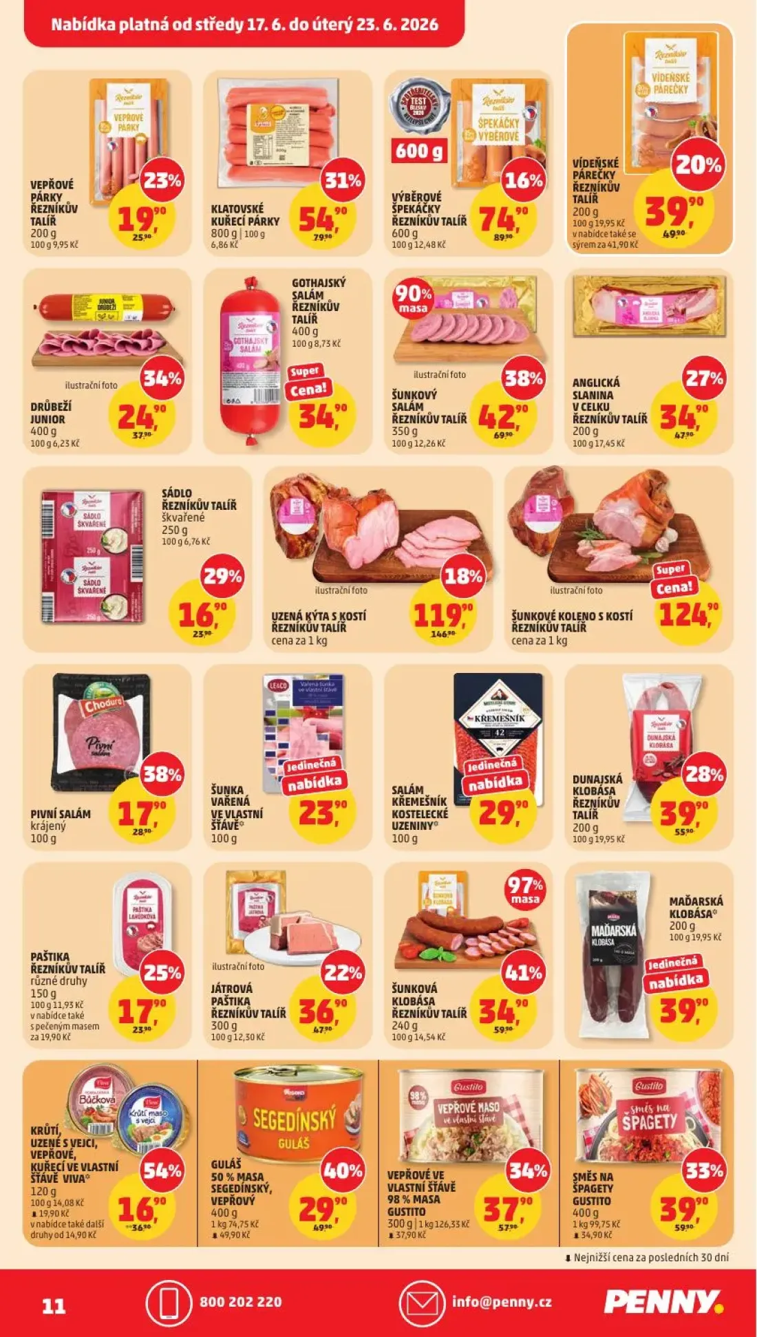 PENNY leták, strana 11 z 35 — DUNAJSKÁ KLOBÁSA ŘEZNÍKŮV TALÍŘ, VÝBĚROVÉ ŠPEKÁČKY ŘEZNÍKŮV TALÍŘ, JÁTROVÁ PAŠTIKA ŘEZNÍKŮV TA…