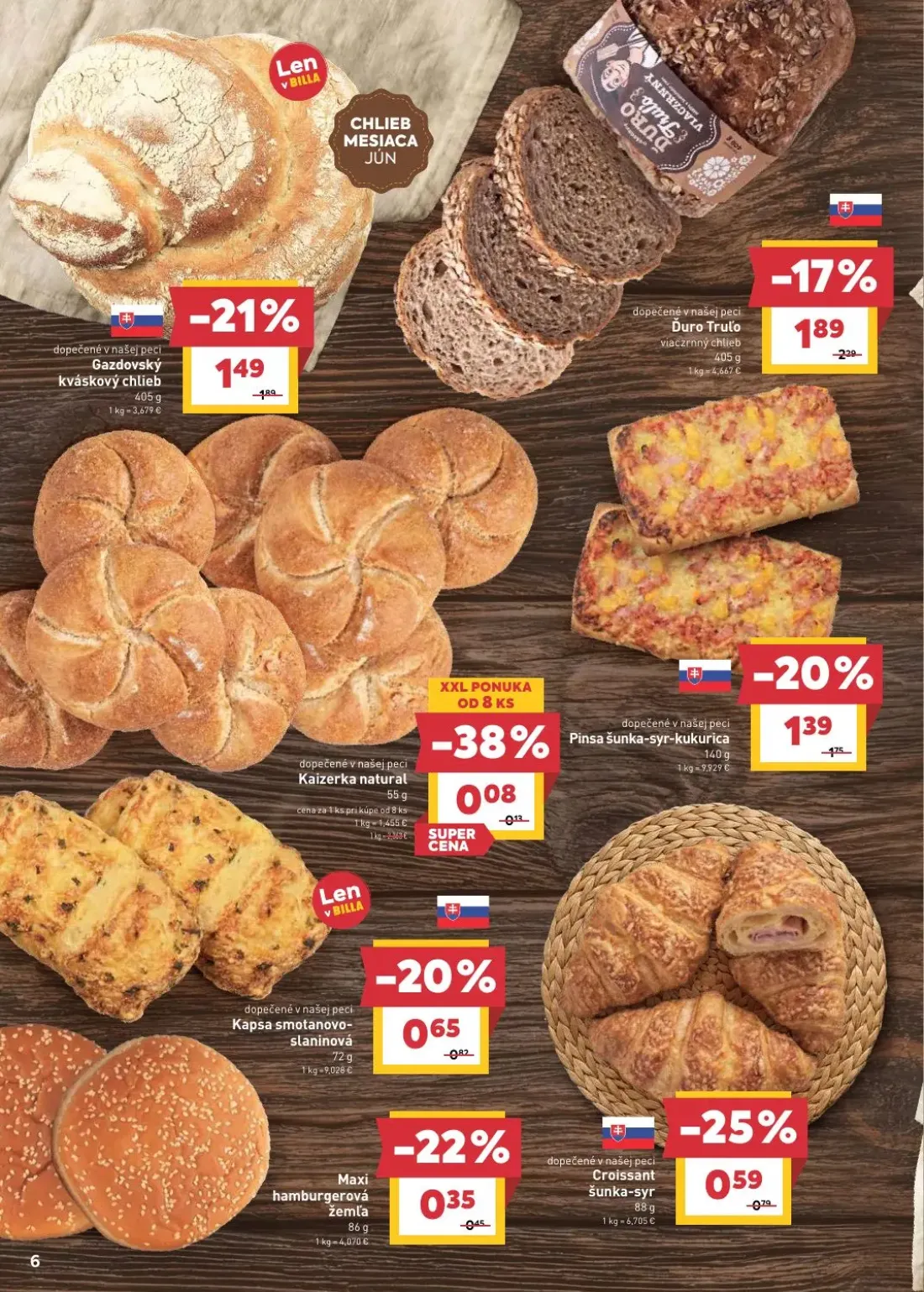 Billa leták, strana 6 z 28 — Gazdovský kváskový chlieb, Duro Truľo viaczrnný chlieb, Pinsa šunka-syr-kukurica
