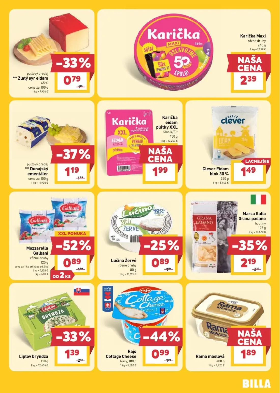 Billa leták, strana 9 z 28 — Mozzarella Galbani, Dunajský ementáler, Zlatý syr eidam