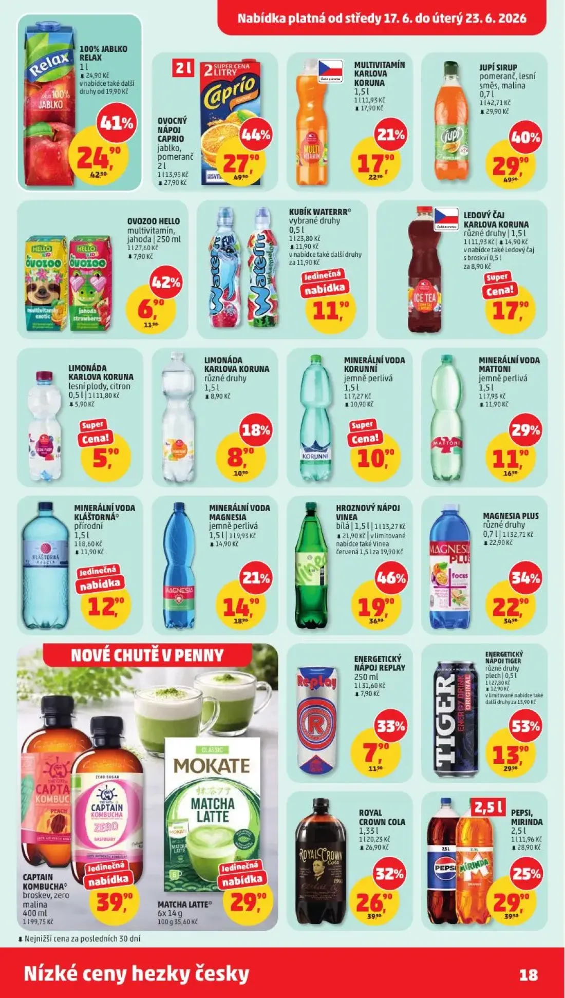PENNY leták, strana 18 z 35 — PEPSI, MIRINDA, ENERGETICKÝ NÁPOJ REPLAY, LEDOVÝ ČAJ KARLOVA KORUNA