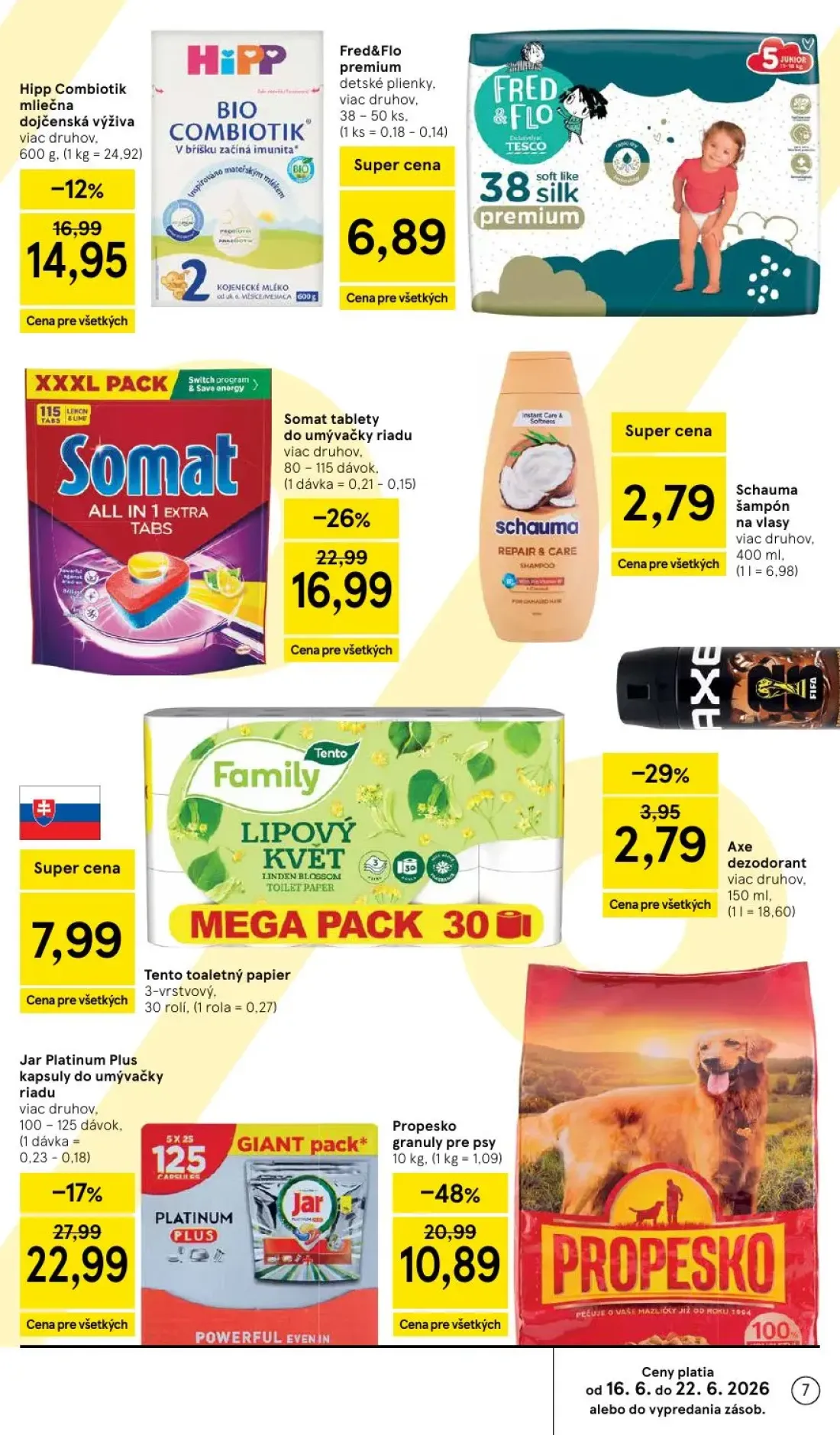 Tesco leták, strana 7 z 58 — Somat tablety do umývačky riadu, Jar Platinum Plus kapsuly do umývačky riadu, Fred&Flo premium …