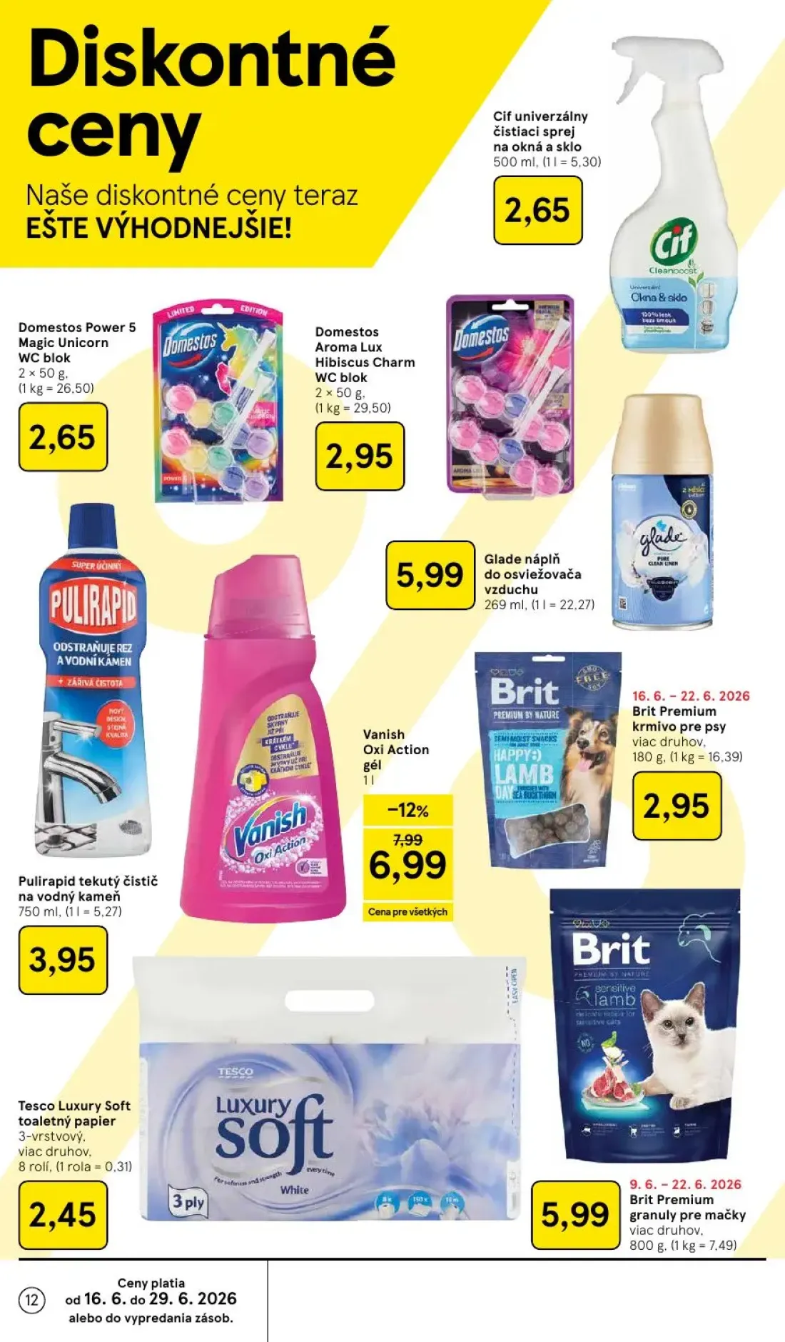 Tesco leták, strana 12 z 58 — Cif univerzálny čistiaci sprej na okná a sklo, Domestos Power 5 Magic Unicorn WC blok, Domesto…