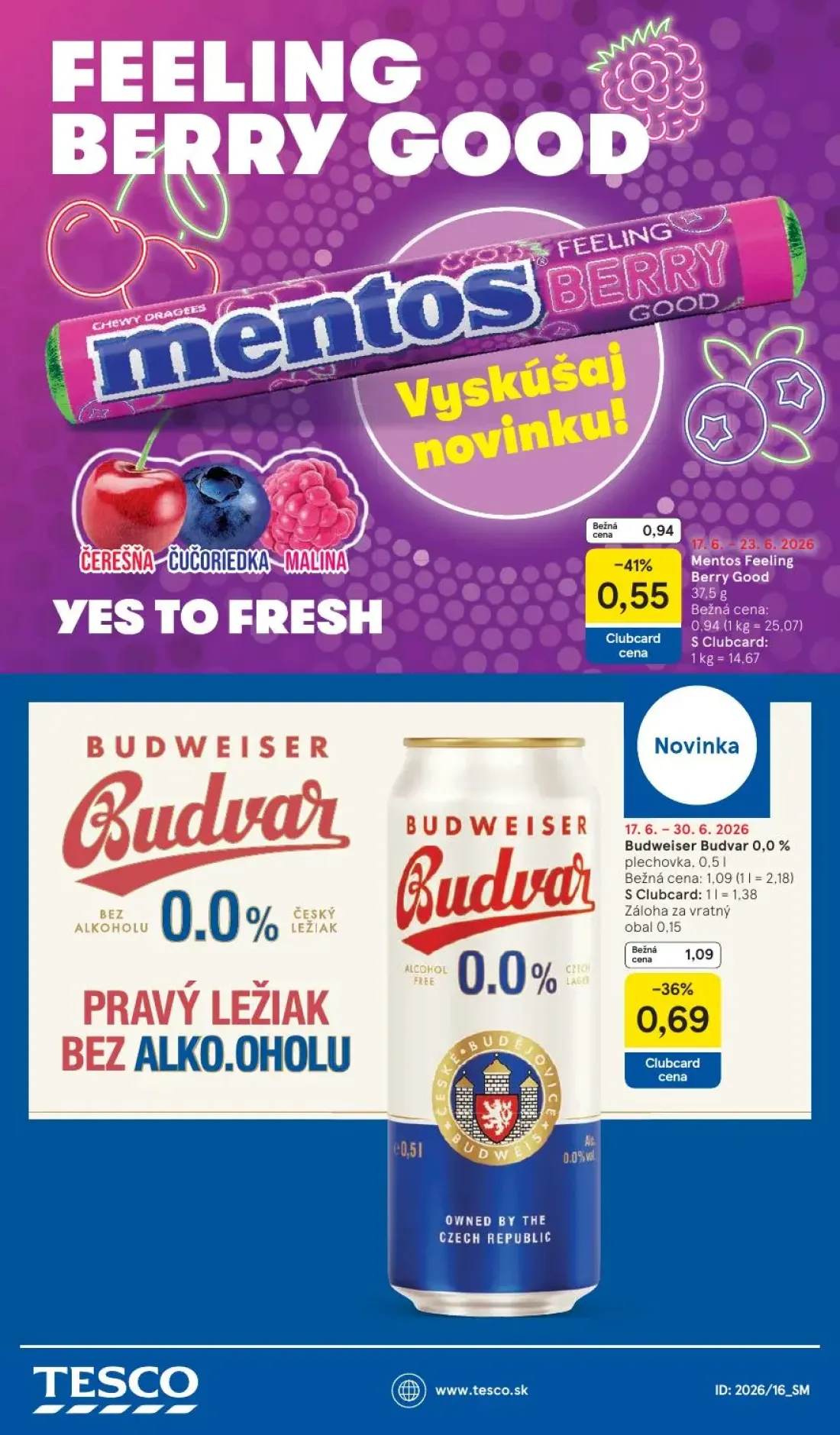 Tesco Supermarket leták, strana 37 z 37 — Budweiser Budvar 0,0%, Mentos Feeling Berry Good