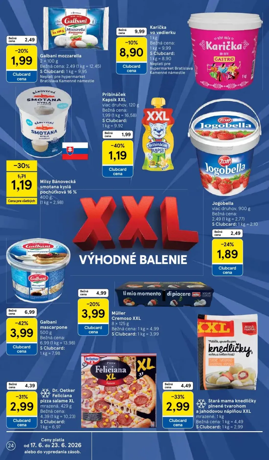 Tesco leták, strana 24 z 58 — Stará mama knedličky plnené tvarohom a jahodovou náplňou XXL, Dr. Oetker Feliciana pizza salam…