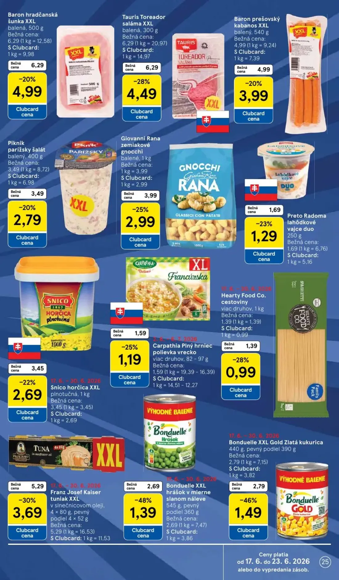 Tesco leták, strana 25 z 58 — Tauris Toreador saláma XXL, Franz Josef Kaiser tuniak XXL v slnečnicovom oleji, Baron hradčans…