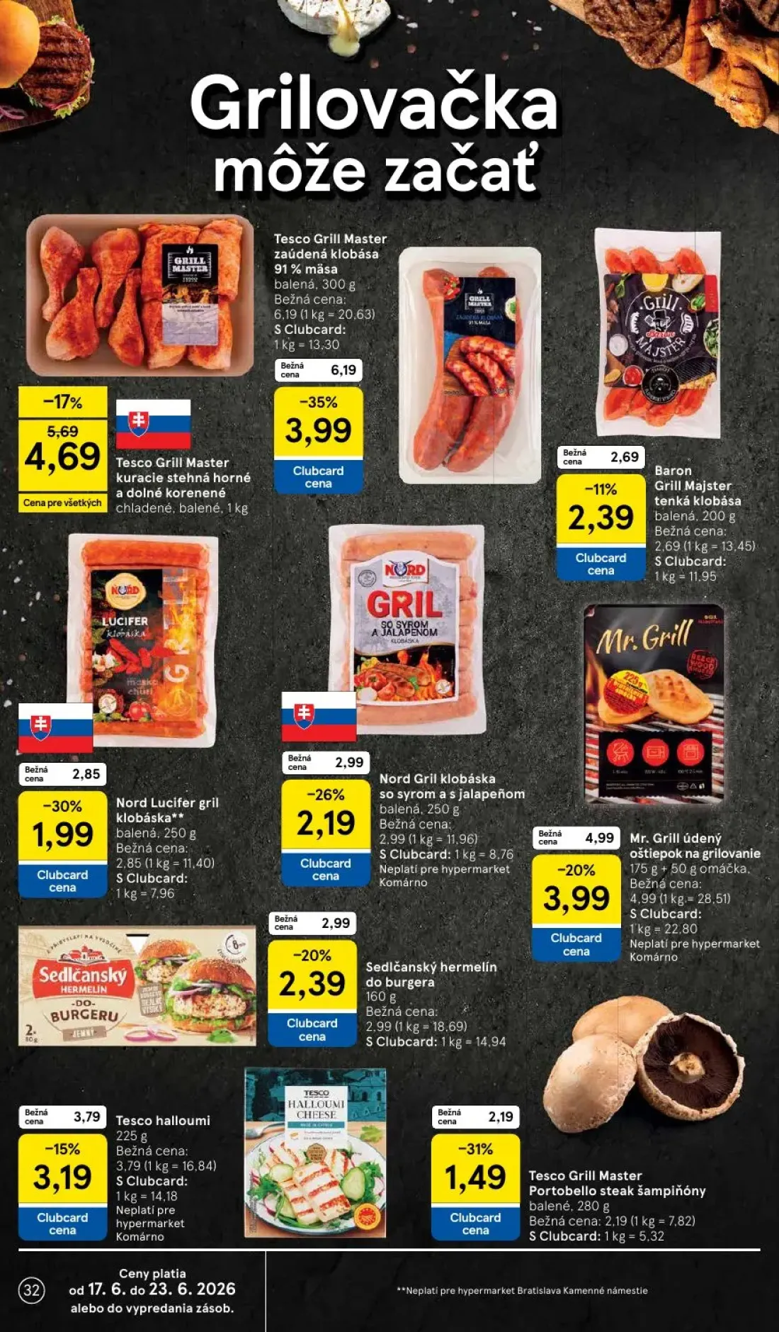 Tesco leták, strana 32 z 58 — Tesco Grill Master zaúdená klobása, Tesco Grill Master kuracie stehná horné a dolné korenené