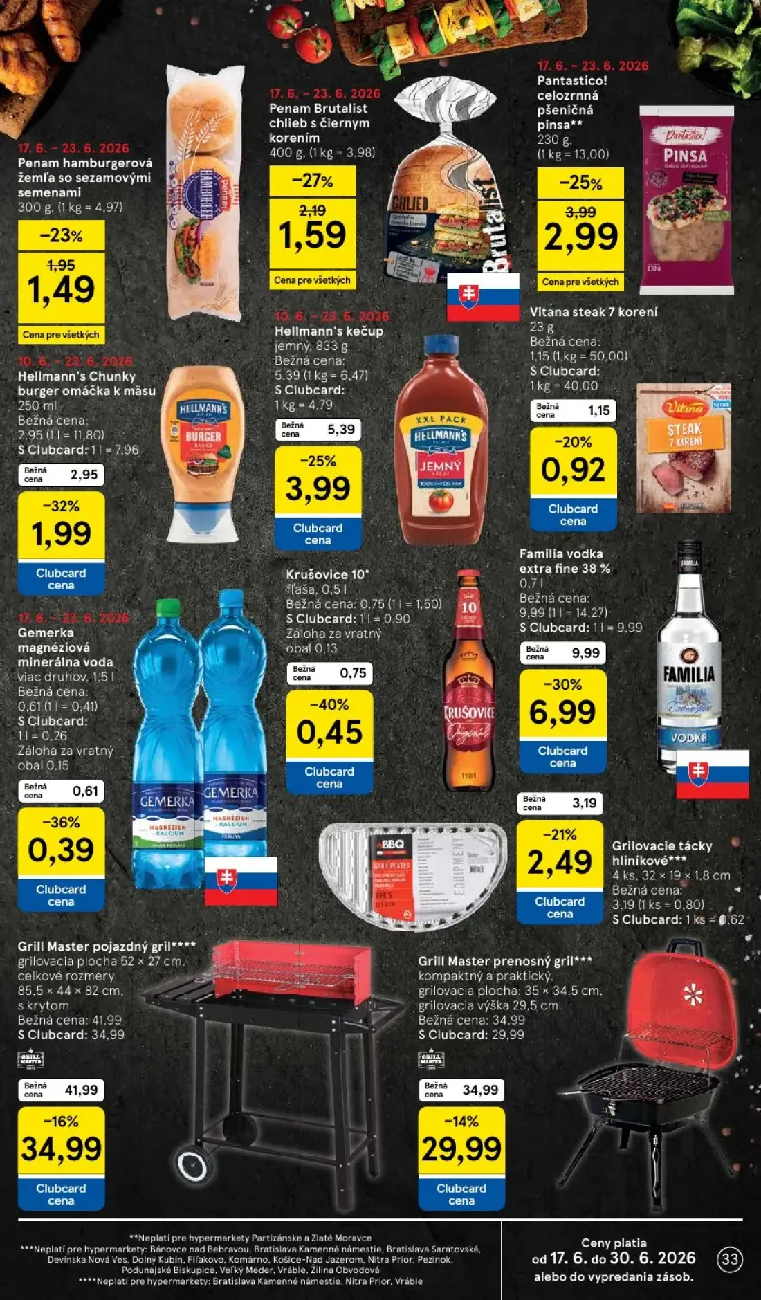 Tesco leták, strana 33 z 58 — Grill Master pojazdný gril****, Hellmann's kečup jemný, Hellmann's Chunky burger omáčka k mäsu