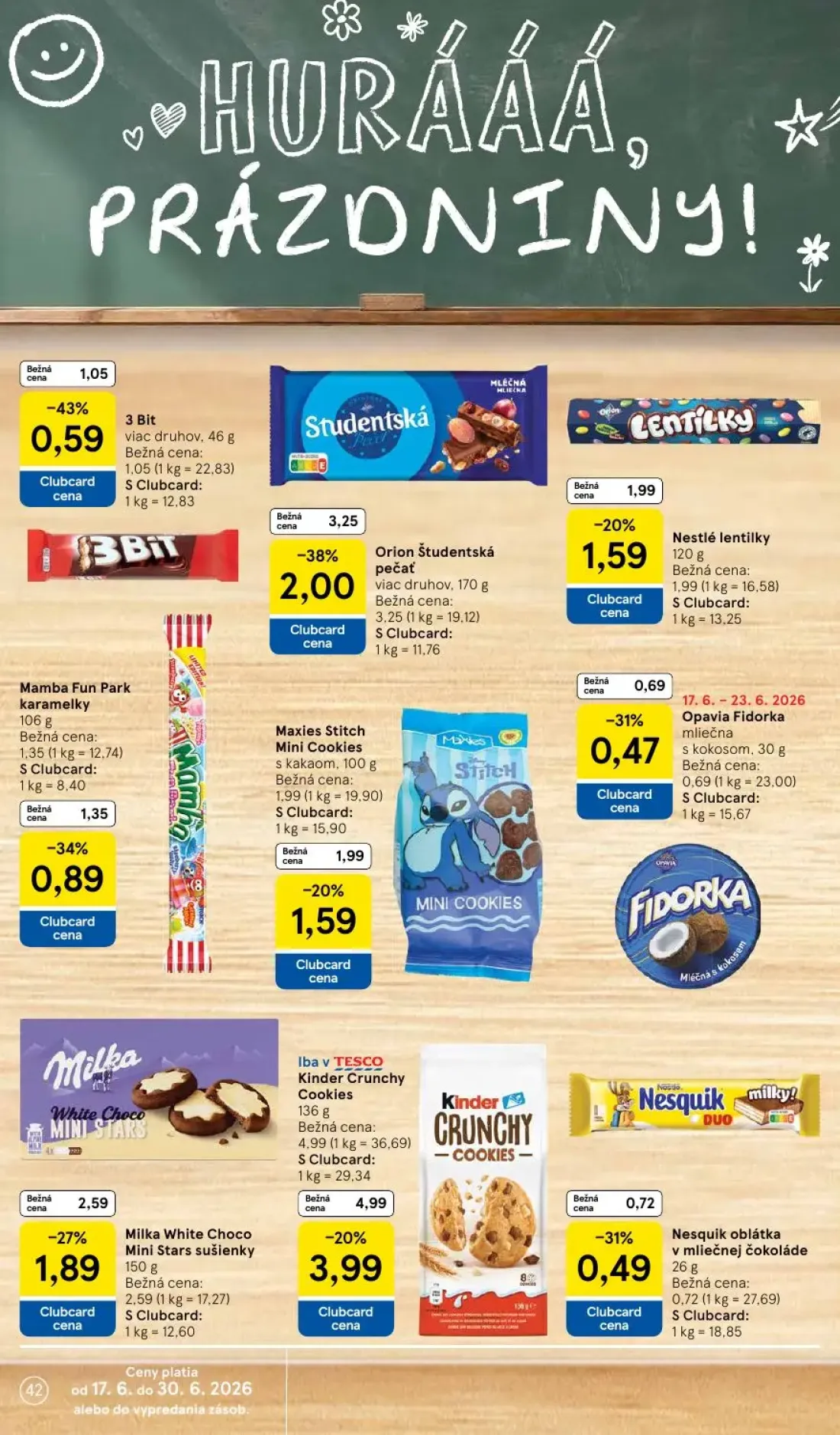 Tesco leták, strana 42 z 58 — Orion Študentská pečať, Mamba Fun Park karamelky, Nestlé lentilky