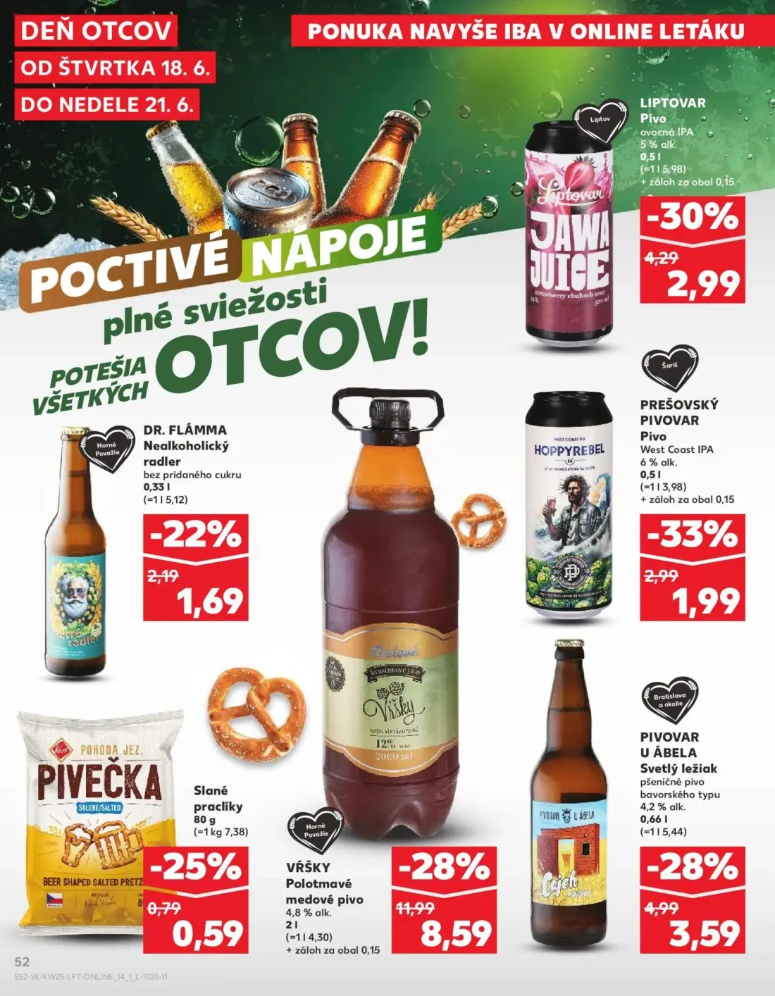 Kaufland leták, strana 52 z 84 — VŔŠKY Polotmavé medové pivo 4,8% alk., PIVOVAR U ÁBELA Svetlý ležiak pšeničné pivo bavorské…