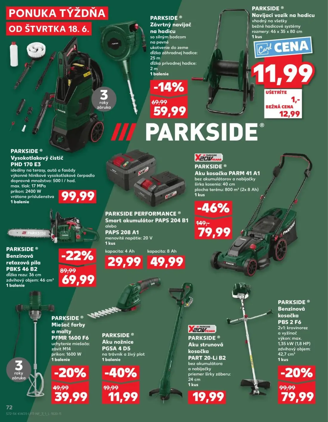 Kaufland leták, strana 72 z 84 — Aku kosačka PARM 41 A1, Smart akumulátor PAPS 204 B1 alebo PAPS 208 A1, Závrtný navíjač na …
