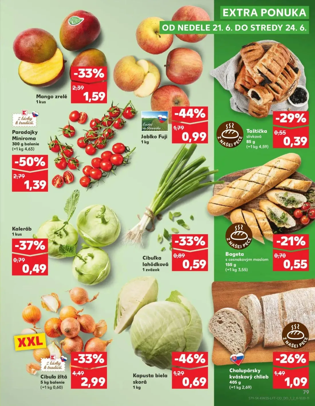 Kaufland leták, strana 79 z 84 — Jablko Fuji, Kaleráb, Bageta s cesnakovým maslom