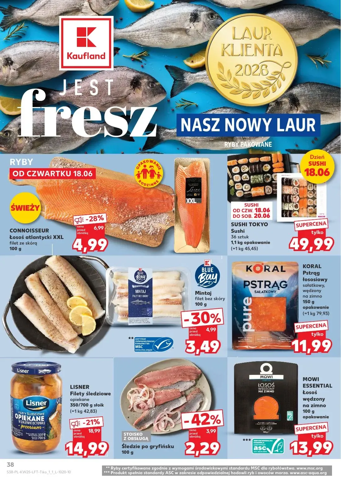 Kaufland gazetka, strona 38 z 70 — LISNER Filety śledziowe opiekane, CONNOISSEUR Łosoś atlantycki XXL filet ze skórą, Śledzi…