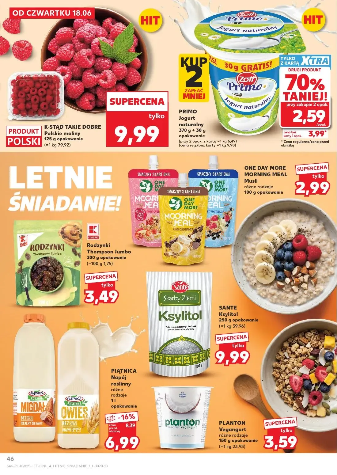 Kaufland gazetka, strona 46 z 70 — PRIMO Jogurt naturalny, PIĄTNICA Napój roślinny, Polskie maliny