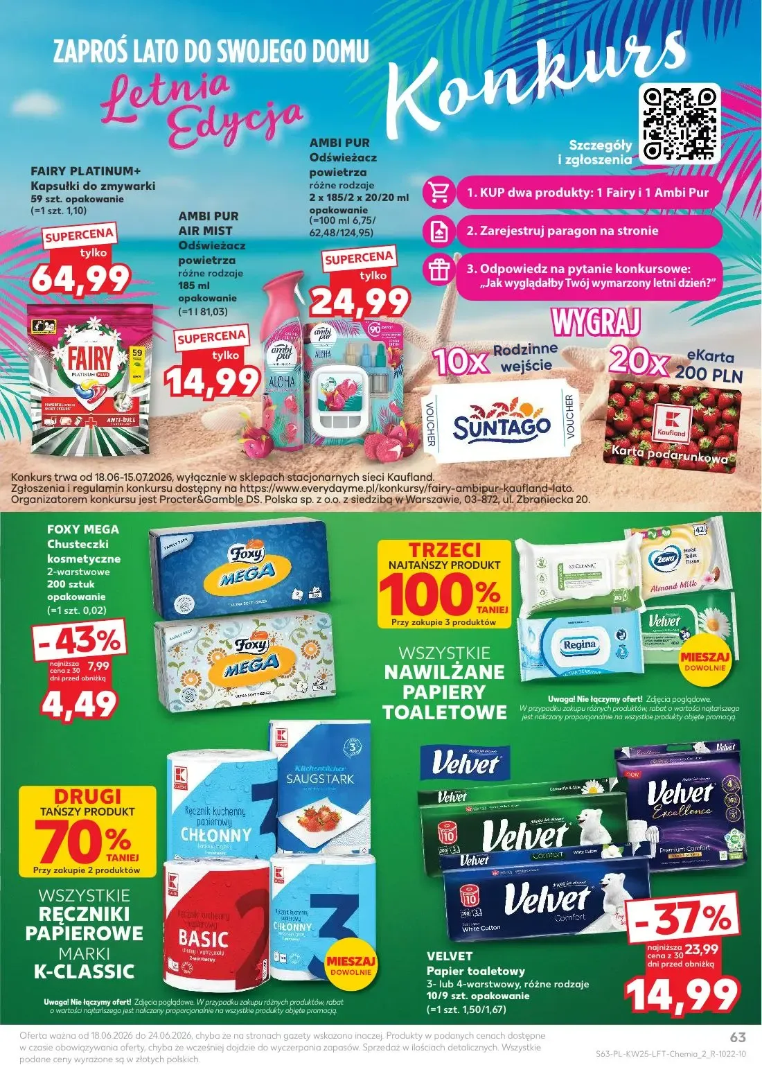 Kaufland gazetka, strona 63 z 70 — VELVET Papier toaletowy, FOXY MEGA Chusteczki kosmetyczne, FAIRY PLATINUM+ Kapsułki do zm…