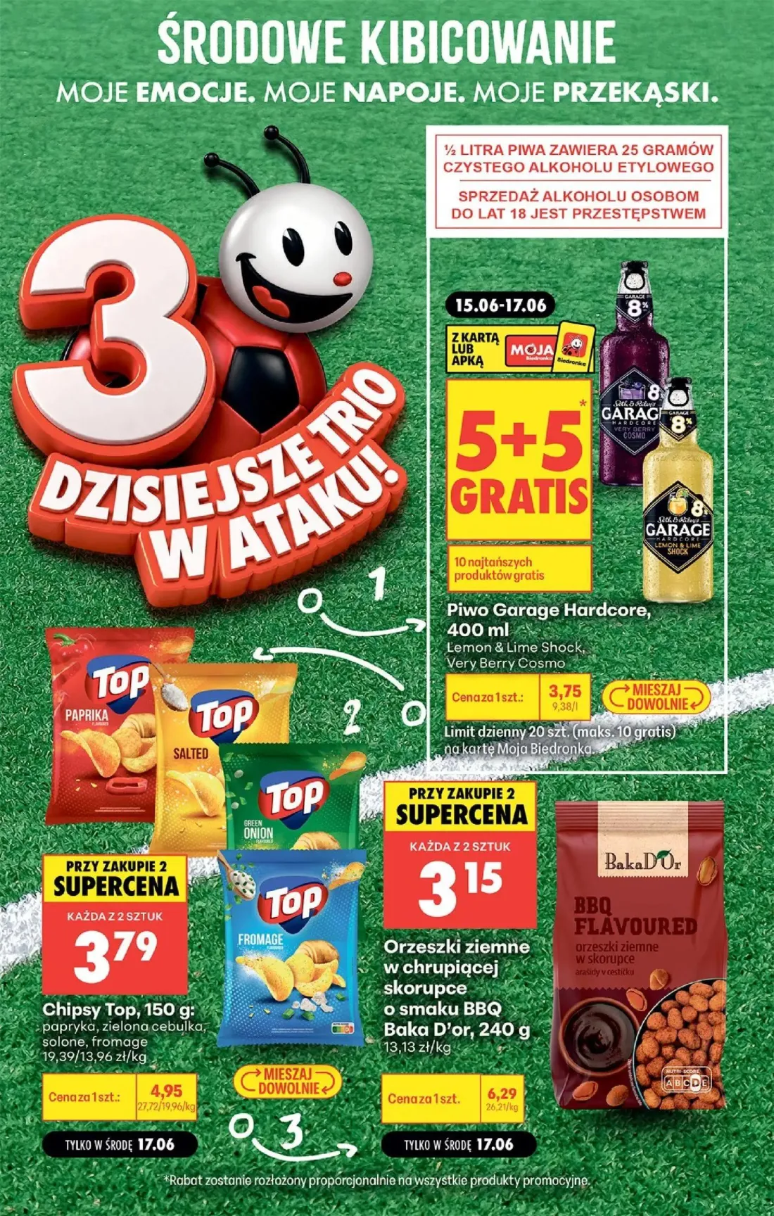 Biedronka gazetka, strona 2 z 4 — Orzeszki ziemne w chrupiącej skorupce o smaku BBQ Baka D'or, Chipsy Top, Piwo Garage Hardc…