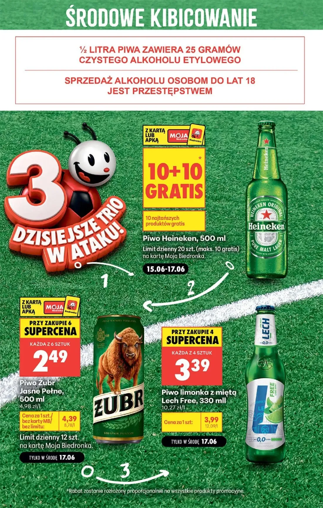Biedronka gazetka, strona 3 z 4 — Piwo Zubr Jasne Pełne, Piwo limonka z miętą Lech Free