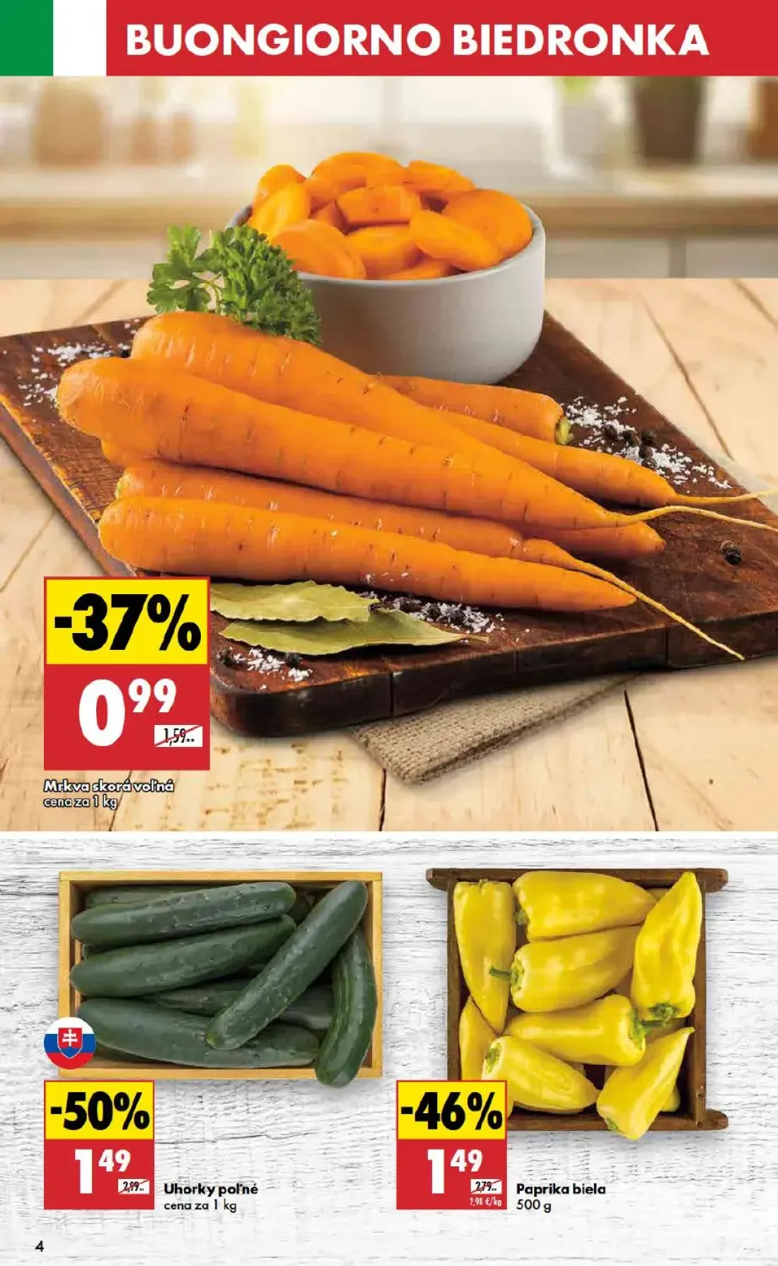 Biedronka leták, strana 4 z 9 — Uhorky poľné, Paprika biela, Mrkva skorá voľná