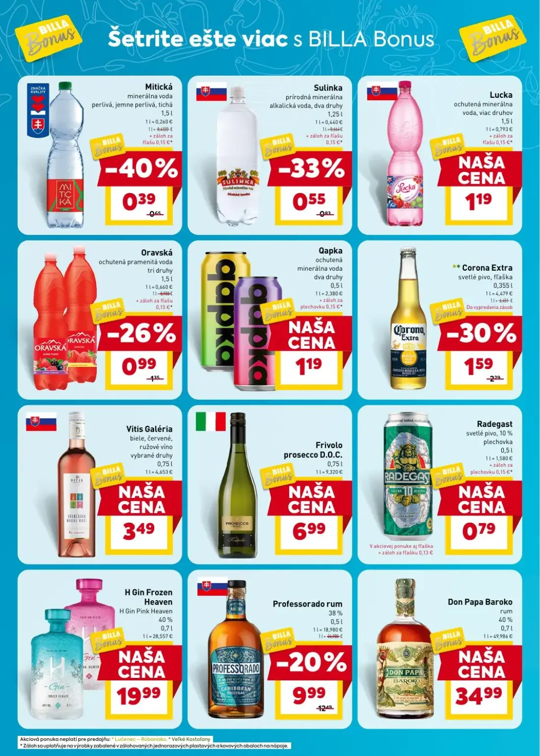 Billa leták, strana 6 z 7 — Professorado rum, Corona Extra svetlé pivo, Sulinka prírodná minerálna alkalická voda