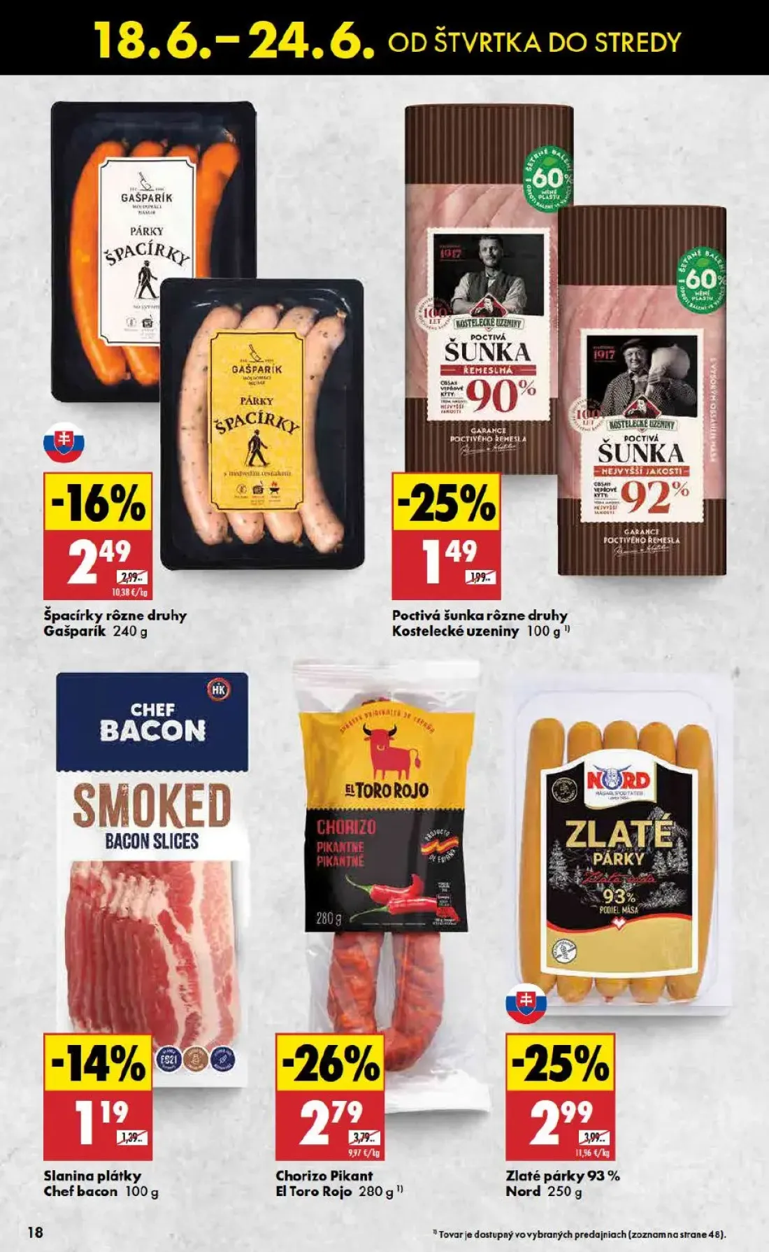Biedronka leták, strana 18 z 48 — Chorizo Pikant El Toro Rojo, Zlaté párky 93% Nord, Špacírky rôzne druhy Gašparík