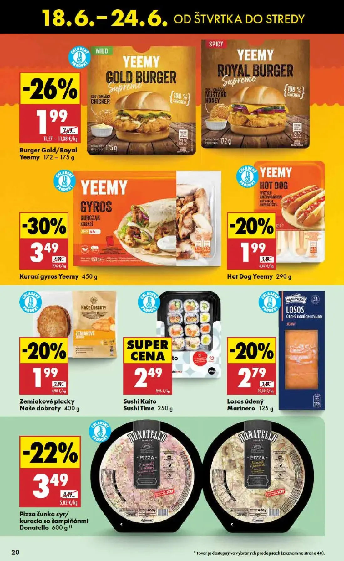Biedronka leták, strana 20 z 48 — Kurací gyros Yeemy, Pizza šunka syr/kuracia so šampiňónmi Donatello, Burger Gold/Royal Yee…
