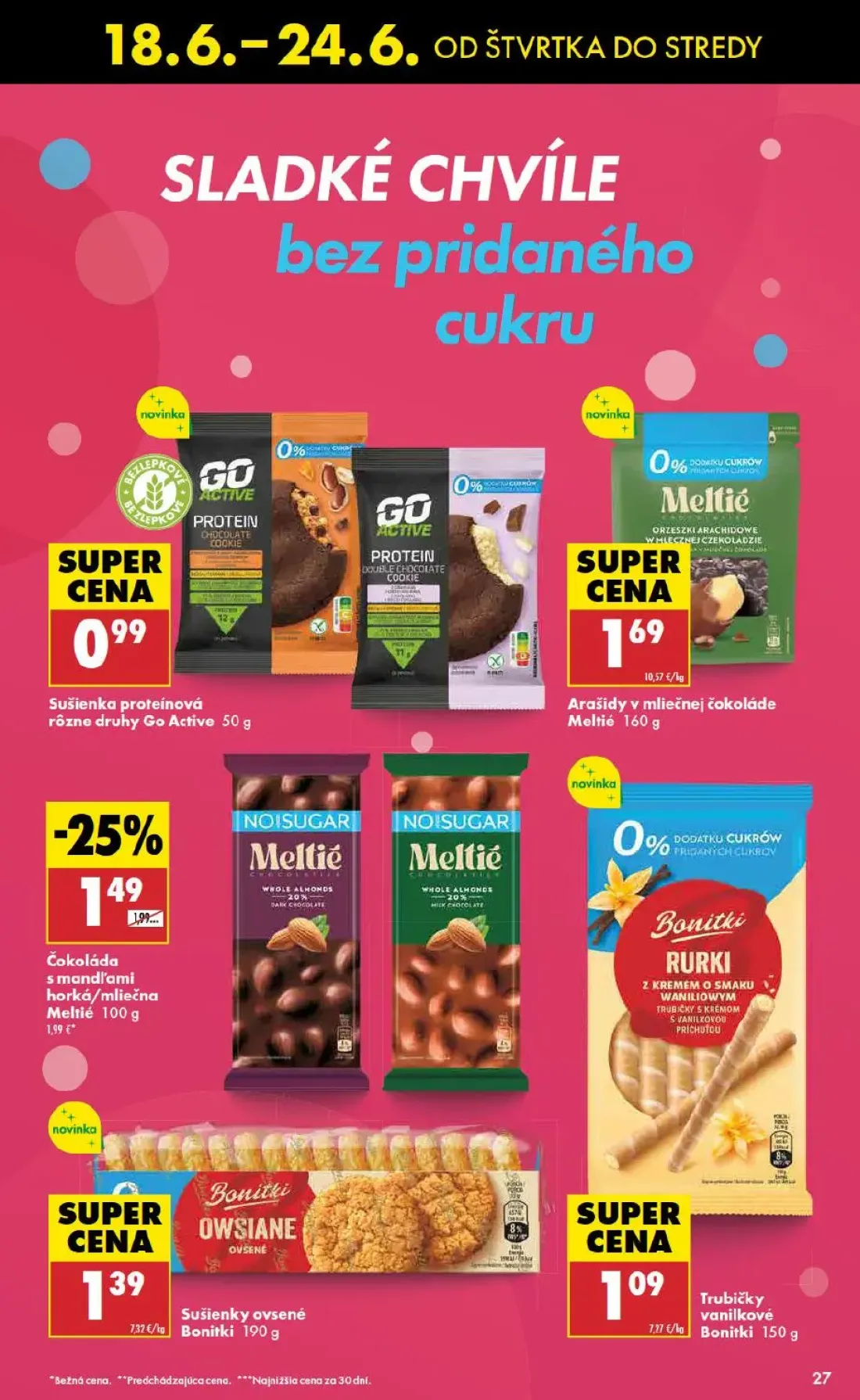Biedronka leták, strana 27 z 48 — Čokoláda s mandľami horká/mliečna Meltié, Sušienka proteínová rôzne druhy Go Active, Araši…
