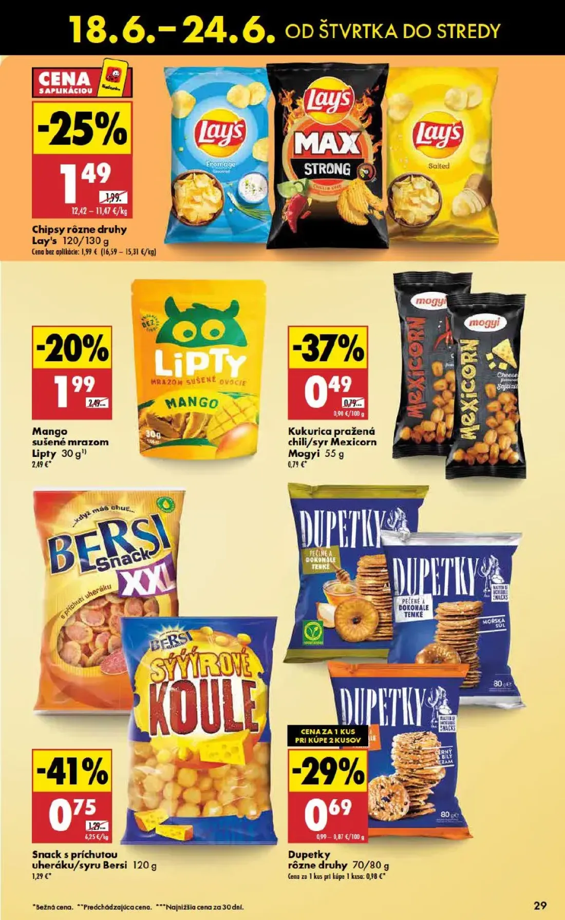 Biedronka leták, strana 29 z 48 — Snack s príchutou uheráku/syru Bersi, Chipsy rôzne druhy Lay's, Mango sušené mrazom Lipty