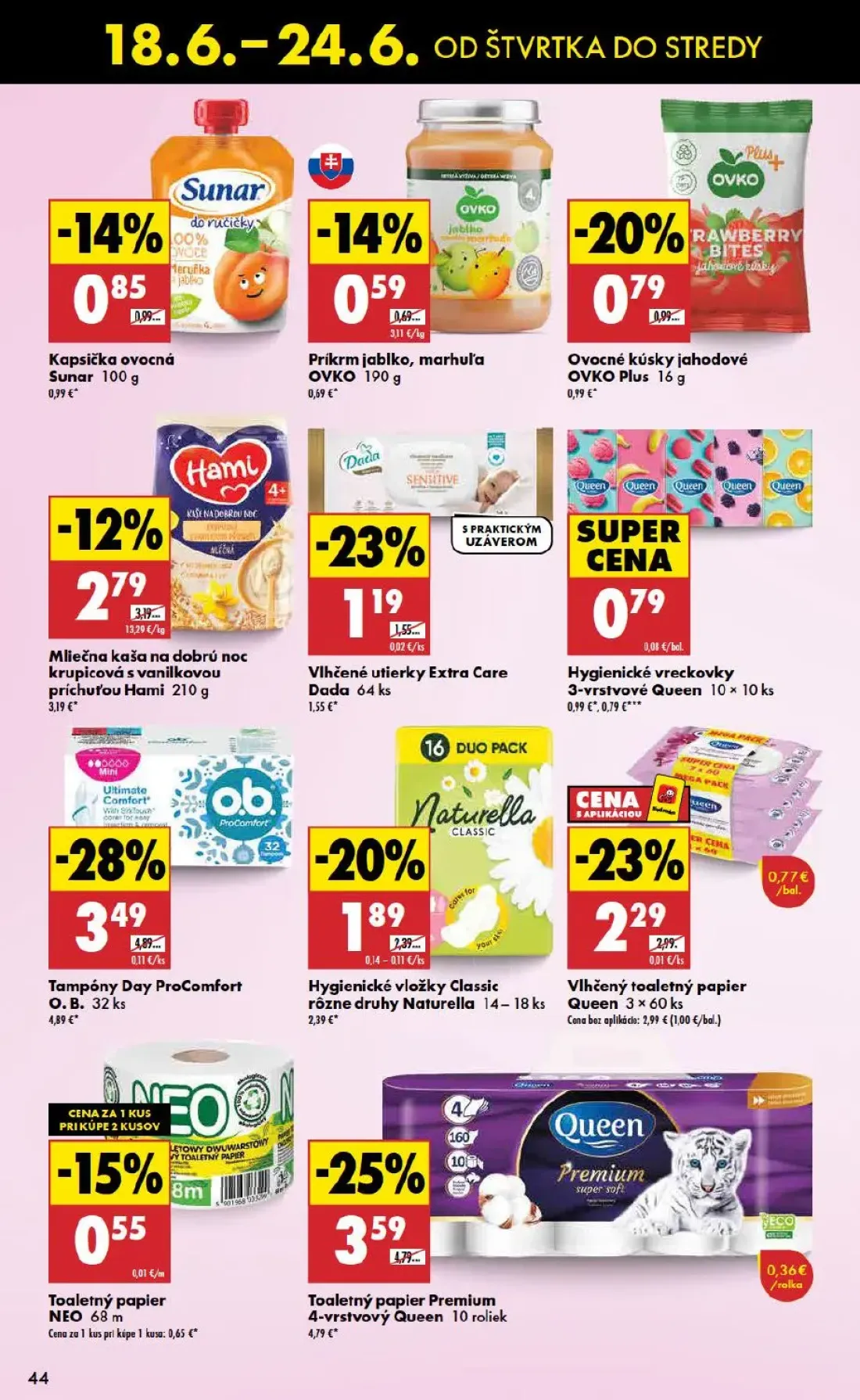 Biedronka leták, strana 44 z 48 — Tampóny Day ProComfort O. B., Toaletný papier Premium 4-vrstvový Queen, Vlhčený toaletný p…