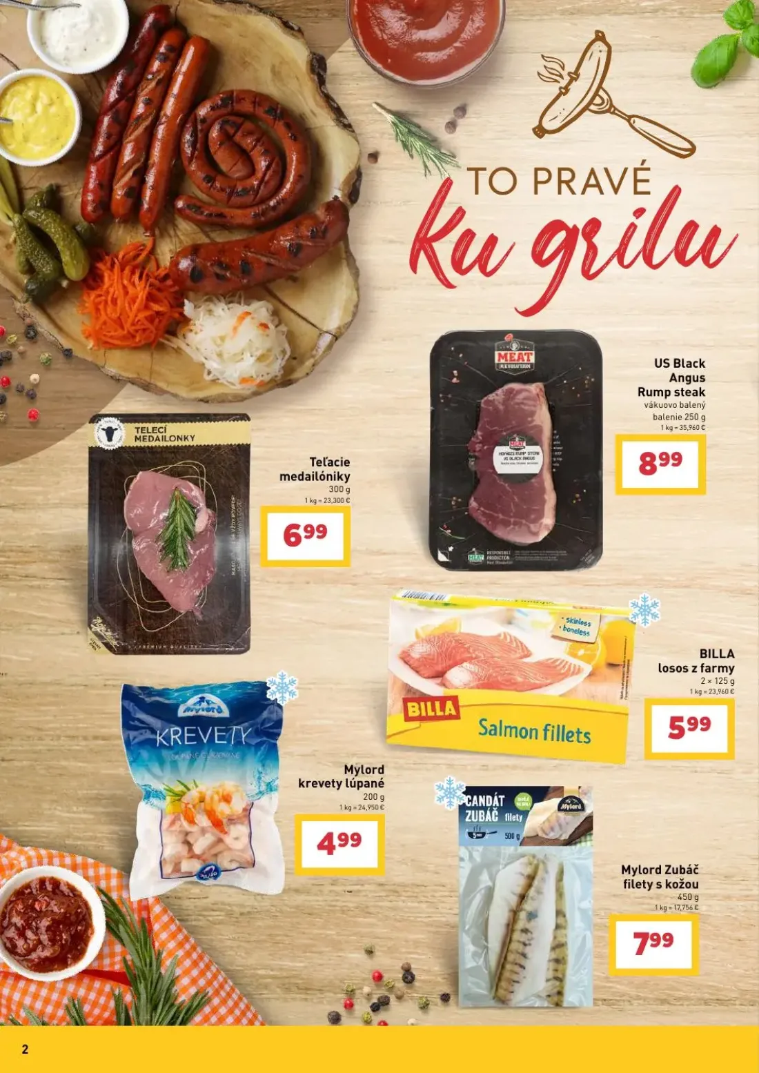 Billa leták, strana 2 z 30 — Tel'acie medailóniky, US Black Angus Rump steak, BILLA losos z farmy