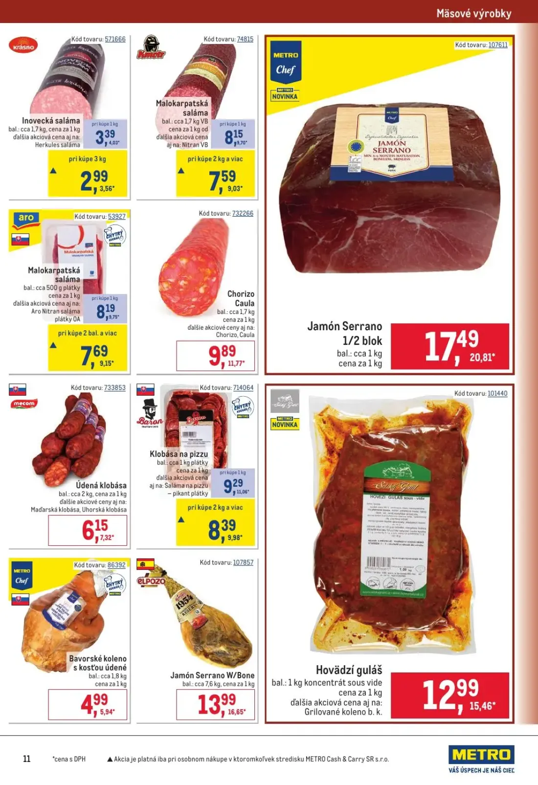 Metro leták, strana 11 z 32 — Jamón Serrano 1/2 blok, Klobása na pizzu, Jamón Serrano W/Bone