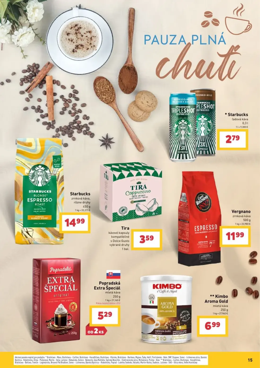 Billa leták, strana 15 z 30 — Starbucks Blonde Espresso Roast, Starbucks, Tira Cappuccino Coffee Capsules