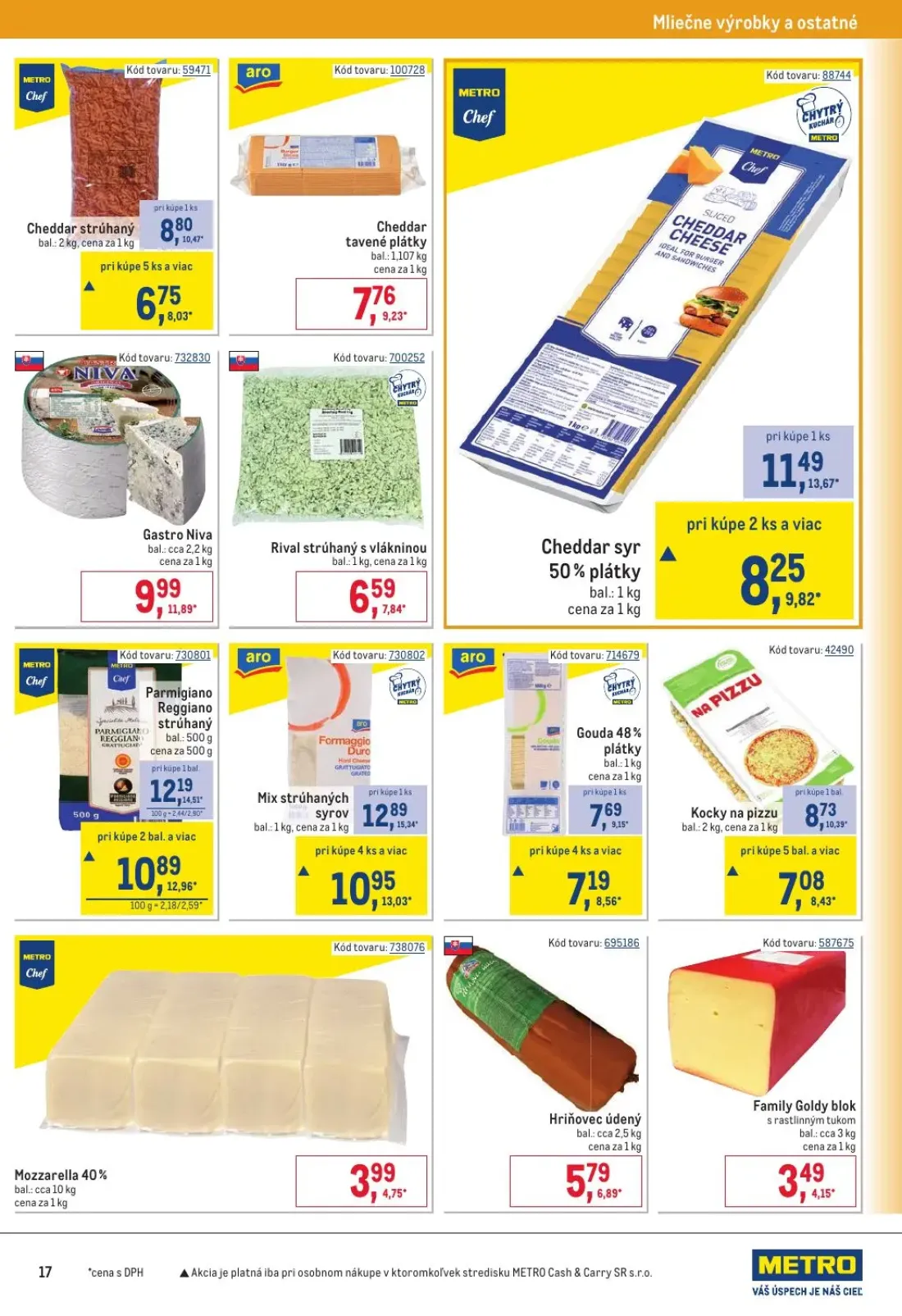 Metro leták, strana 17 z 32 — Cheddar syr 50% plátky, Cheddar strúhaný, Mix strúhaných syrov