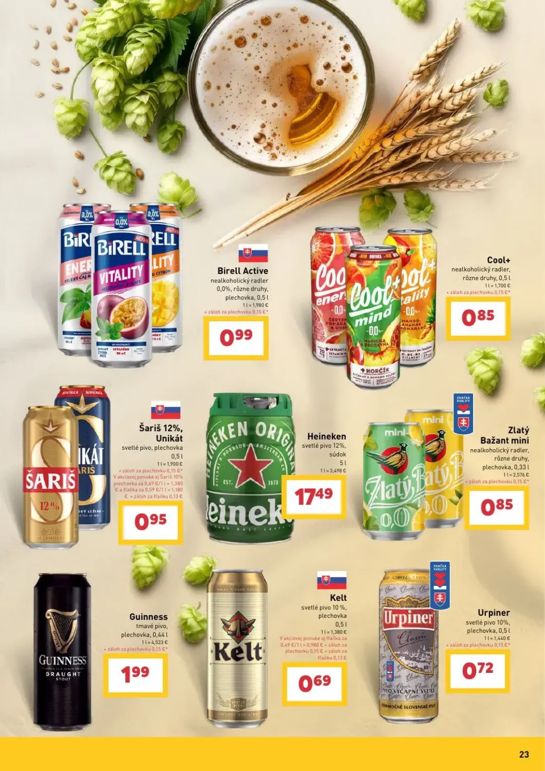 Billa leták, strana 23 z 30 — Birell Active nealkoholický radler, Cool+ nealkoholický radler, Zlatý Bažant mini nealkoholick…