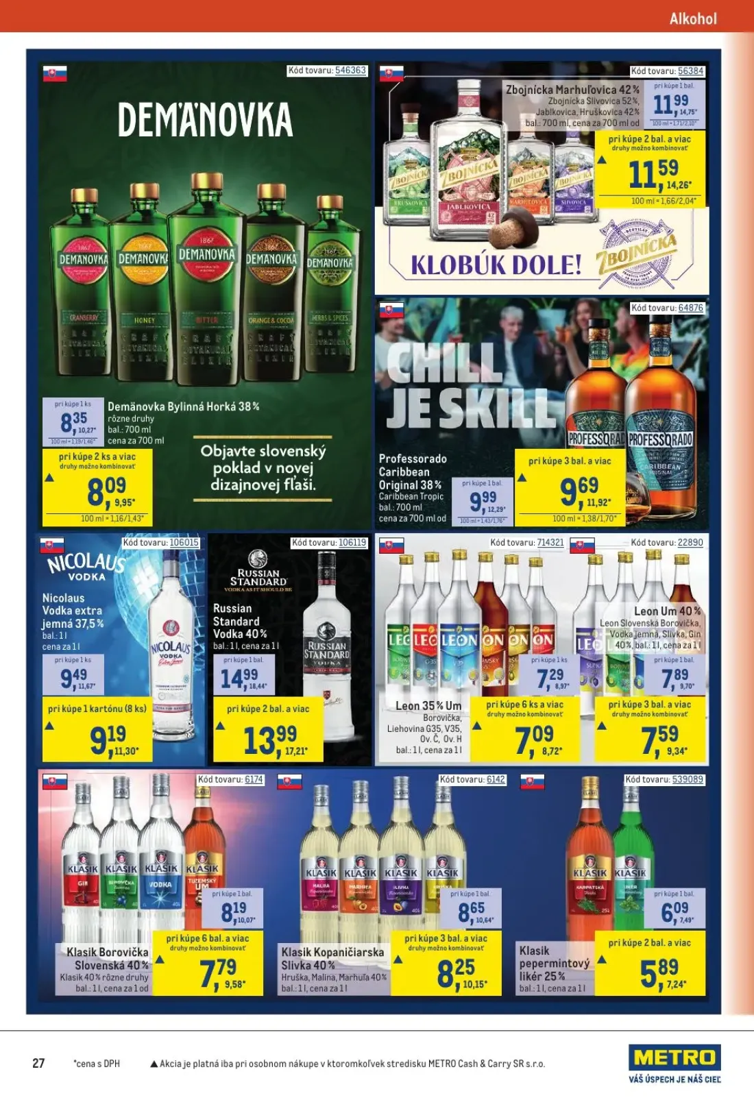 Metro leták, strana 27 z 32 — Russian Standard Vodka 40%, Zbojnícka Marhuľovica 42%, Professorado Caribbean Original 38%