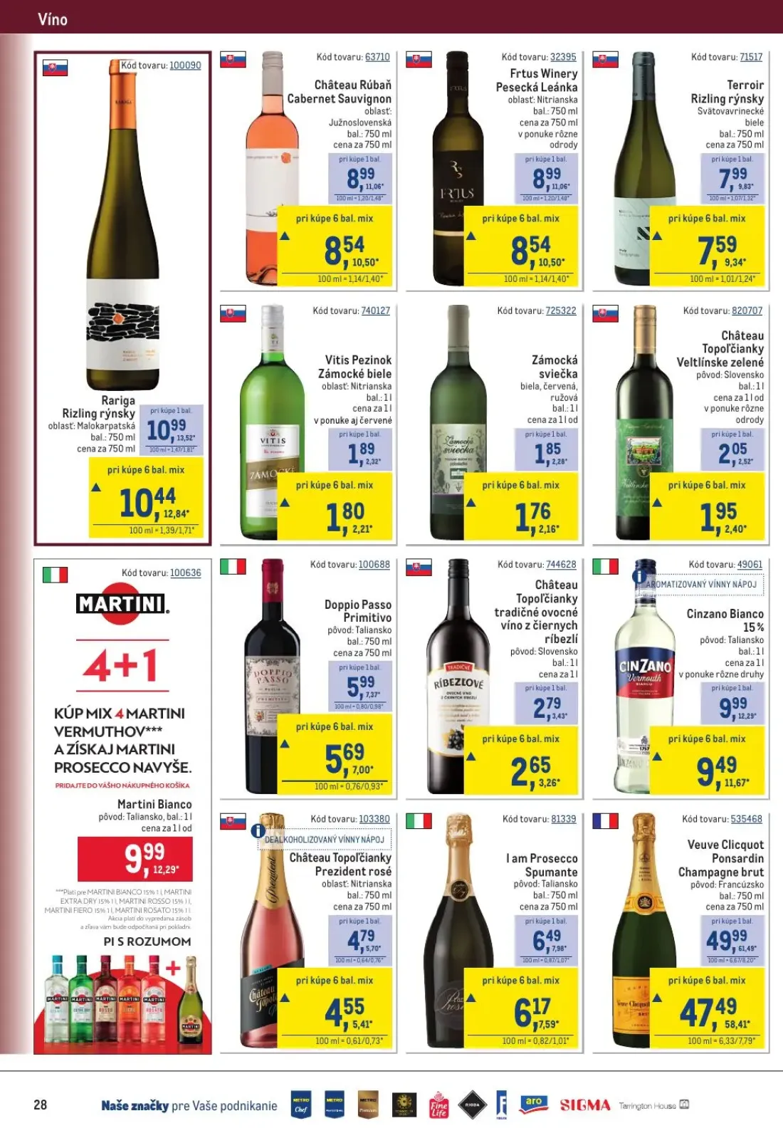 Metro leták, strana 28 z 32 — Veuve Clicquot Ponsardin Champagne brut, Rariga Rizling rýnsky, Cinzano Bianco