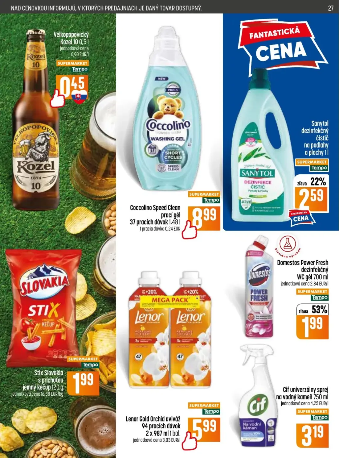 Coop Jednota leták, strana 27 z 32 — Coccolino Speed Clean prací gél, Sanytol dezinfekčný čistič na podlahy a plochy, Domest…