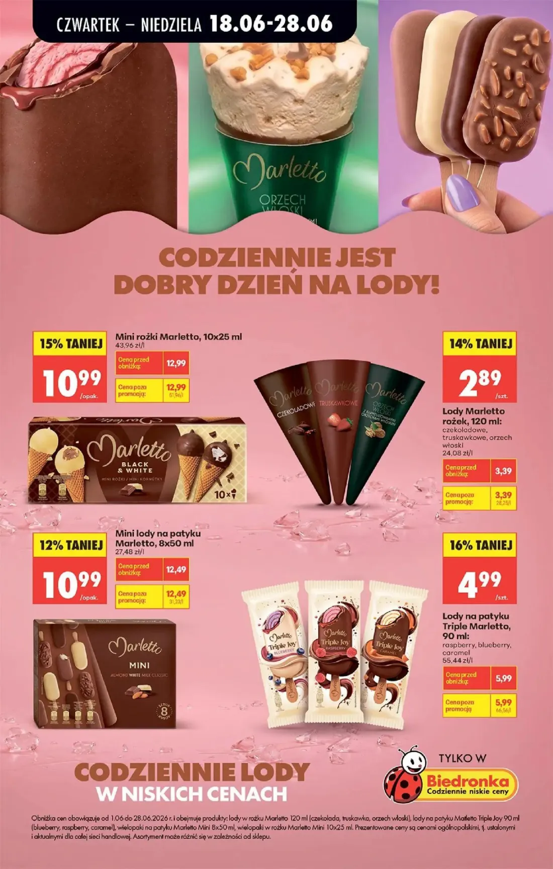 Biedronka gazetka, strona 23 z 87 — Mini rożki Marletto, Mini lody na patyku Marletto, Lody na patyku Triple Marletto