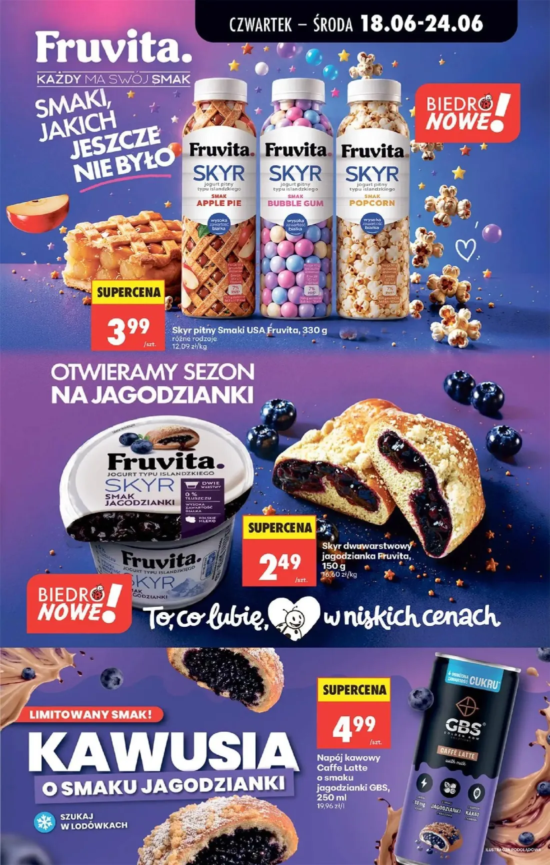 Biedronka gazetka, strona 49 z 87 — Skyr pitny Smaki USA Fruvita, Skyr dwuwarstwowy jagodzianka Fruvita, Napój kawowy Caffe …