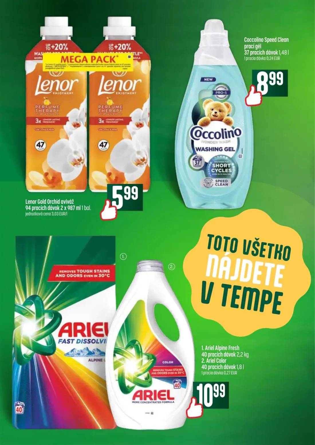 Coop Tempo leták, strana 58 z 64 — Lenor Gold Orchid aviváž, Coccolino Speed Clean prací gél, Ariel Alpine Fresh