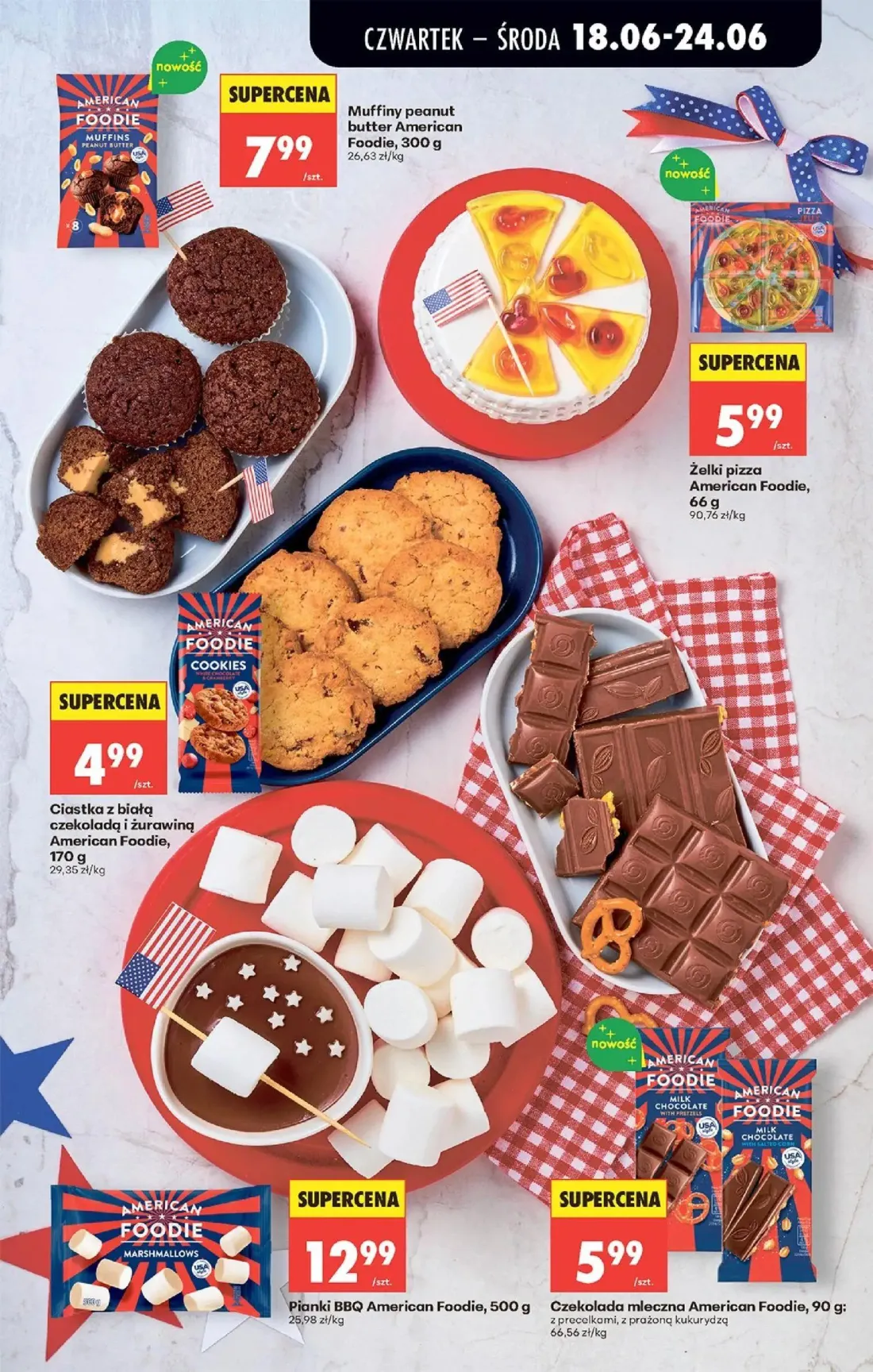 Biedronka gazetka, strona 55 z 87 — Muffiny peanut butter American Foodie, Żelki pizza American Foodie, Ciastka z białą czek…