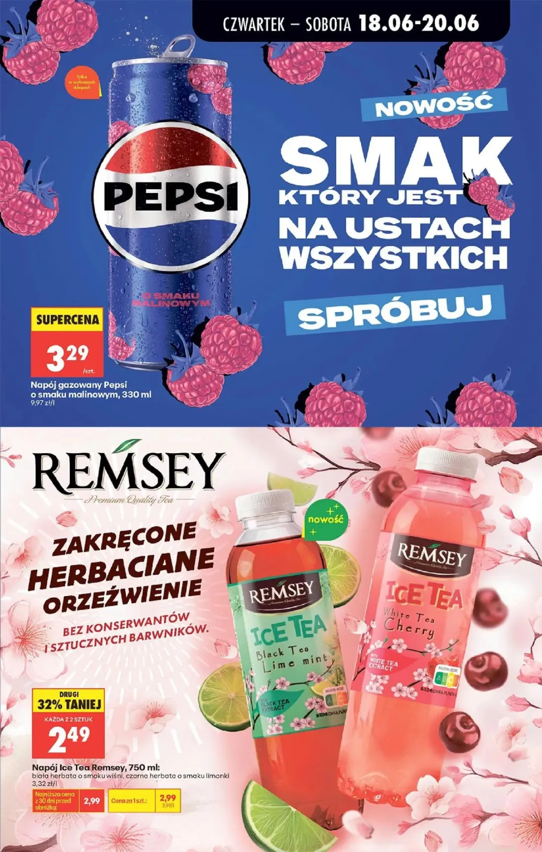 Biedronka gazetka, strona 67 z 87 — Napój Ice Tea Remsey, Napój gazowany Pepsi o smaku malinowym