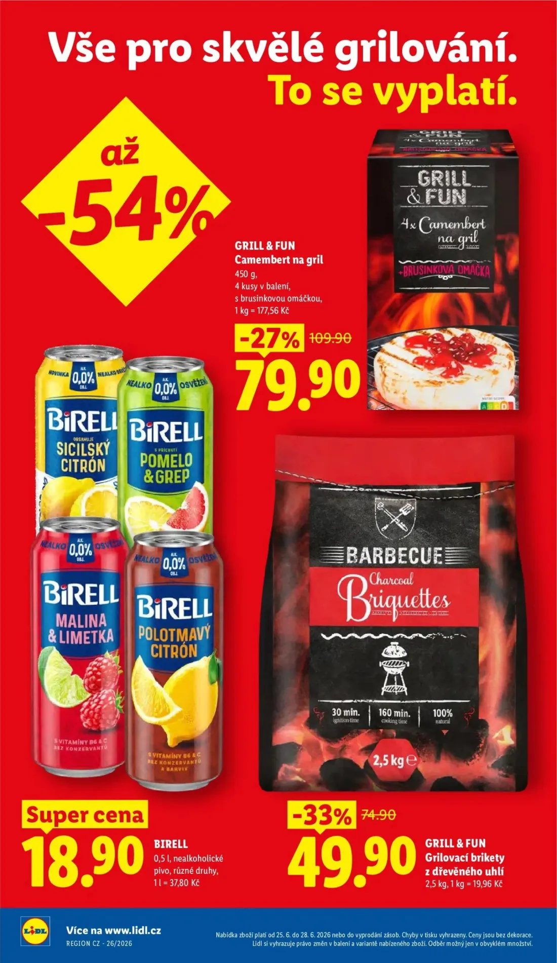 Lidl leták, strana 2 z 61 — Camembert na gril, Grilovací brikety z dřevěného uhlí, BIRELL