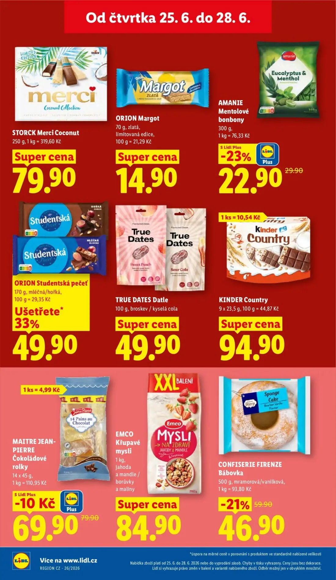Lidl leták, strana 26 z 61 — CONFISERIE FIRENZE Bábovka, MAITRE JEAN-PIERRE Čokoládové rolky, AMANIE Mentolové bonbony
