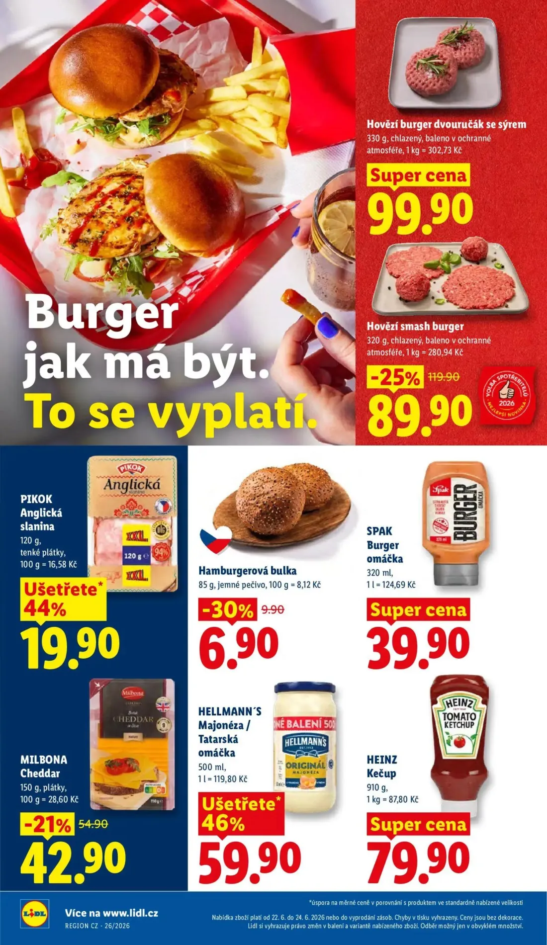 Lidl leták, strana 12 z 53 — Hovězí smash burger, MILBONA Cheddar, Hamburgerová bulka
