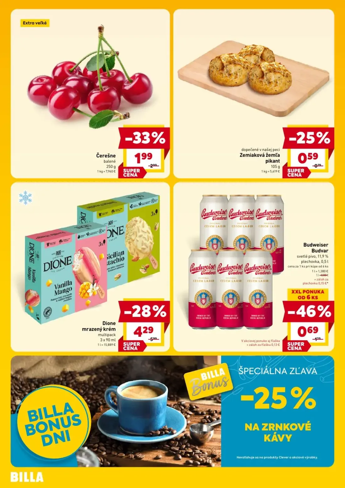 Billa leták, strana 4 z 4 — Dione mrazený krém multipack, Čerešne, Budweiser Budvar svetlé pivo