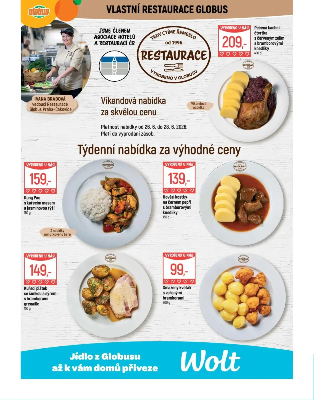 GLOBUS leták, strana 7 z 42 — Pečená kachní čtvrtka s červeným zelím a bramborovými knedlíky, Kung Pao s kuřecím masem a jas…