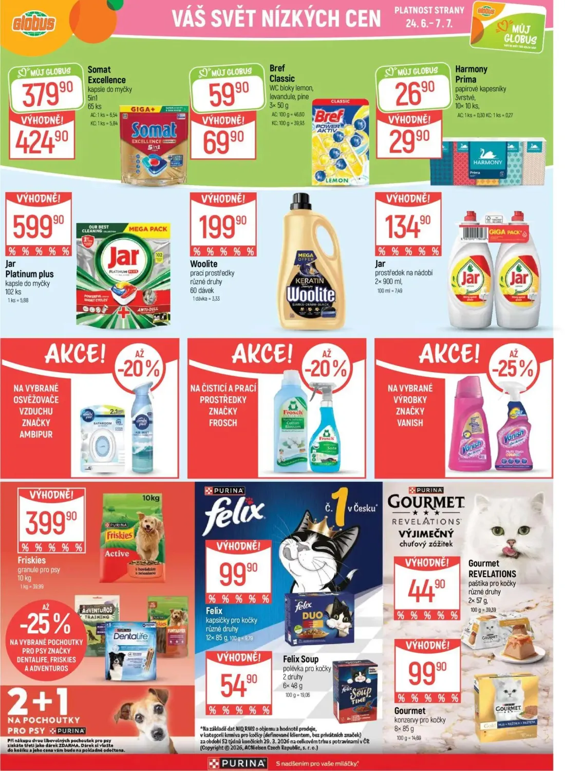 GLOBUS leták, strana 28 z 42 — Somat Excellence kapsle do myčky 5in1, Bref Classic WC bloky lemon, levandule, pine, Harmony …