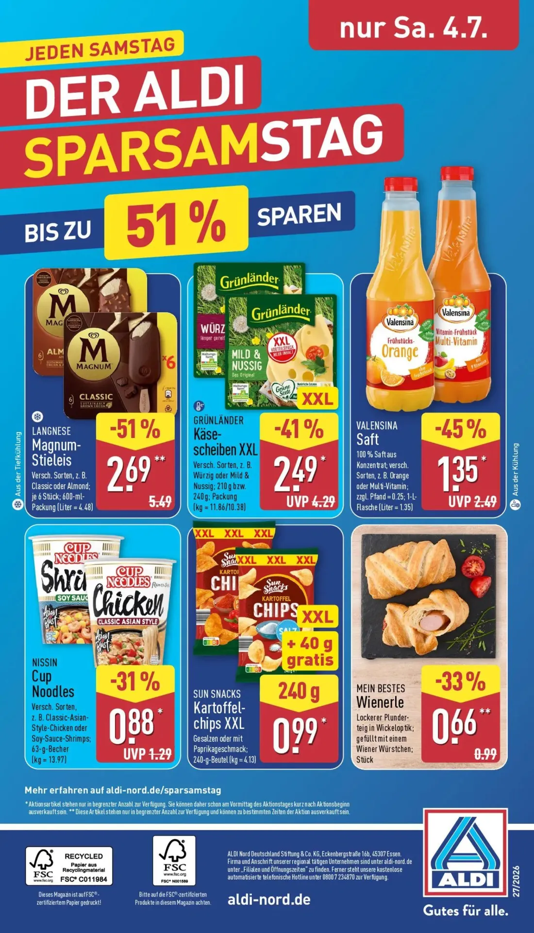 Aldi Nord Prospekt, Seite 36 von 45 — LANGNESE Magnum-Stieleis, VALENSINA Saft, NISSIN Cup Noodles